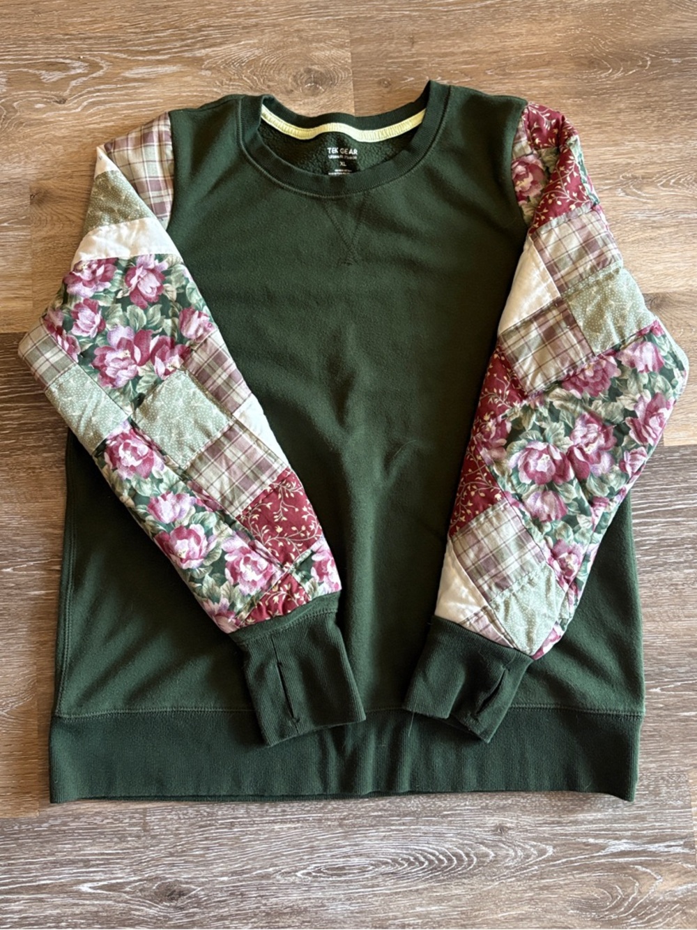 Upcycled Women's Olive Green Sweater Modified with Floral Patchwork Sleeves